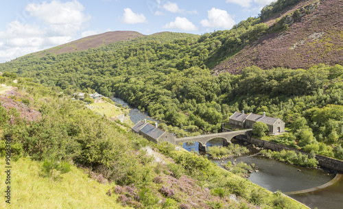Looking down from Caban Coch Dam, Elan Valley, Wales, UK, with the Visitor Centre in the background