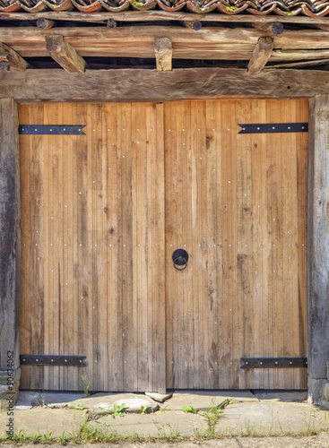 Wooden door with metal ornaments