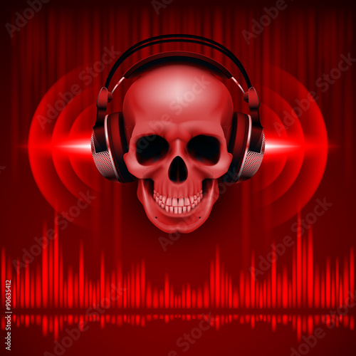 Skull in headphones. Disco background