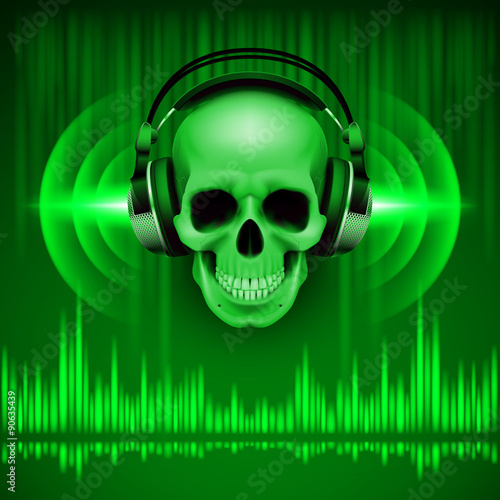 Skull in headphones. Disco background
