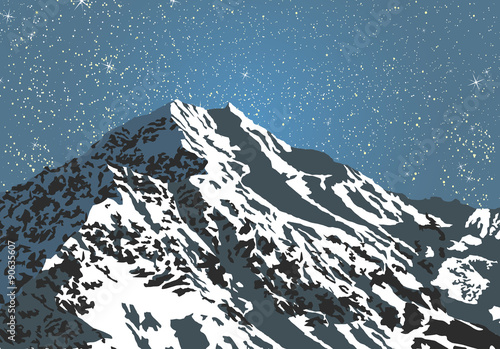 Snowy mountains in a bright starry night. Vector illustration