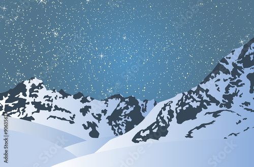 Snowy mountains in a bright starry night. Vector illustration