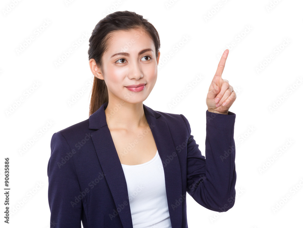 Young businesswoman think of the idea and finger point up Young businesswoman think of the idea and finger point up