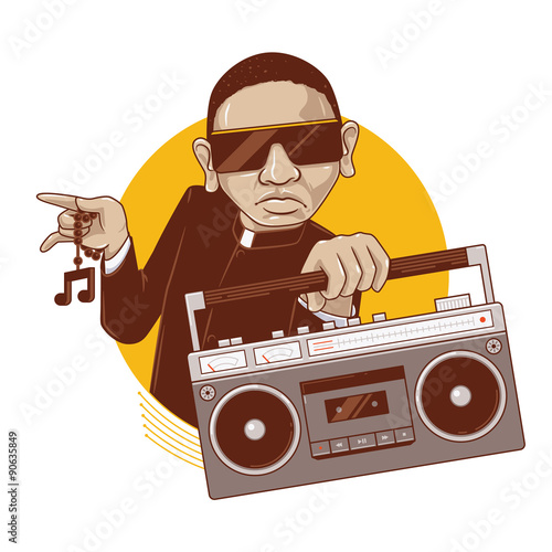 Priest boy enjoying music.
