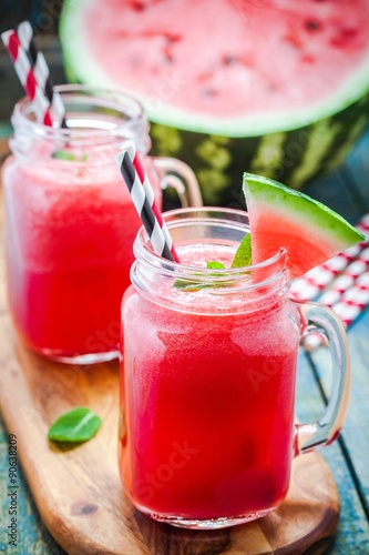 Watermelon smoothie in a mason jar