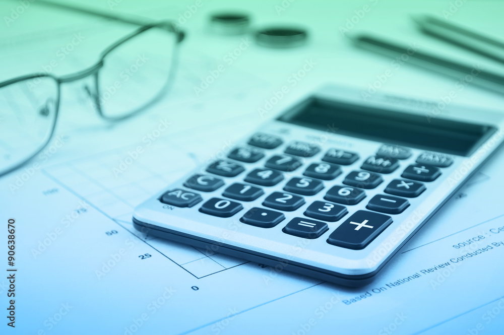 Calculator button plus, glasses coin pencil and mouse on graph p Calculator button plus, glasses coin pencil and mouse on graph p