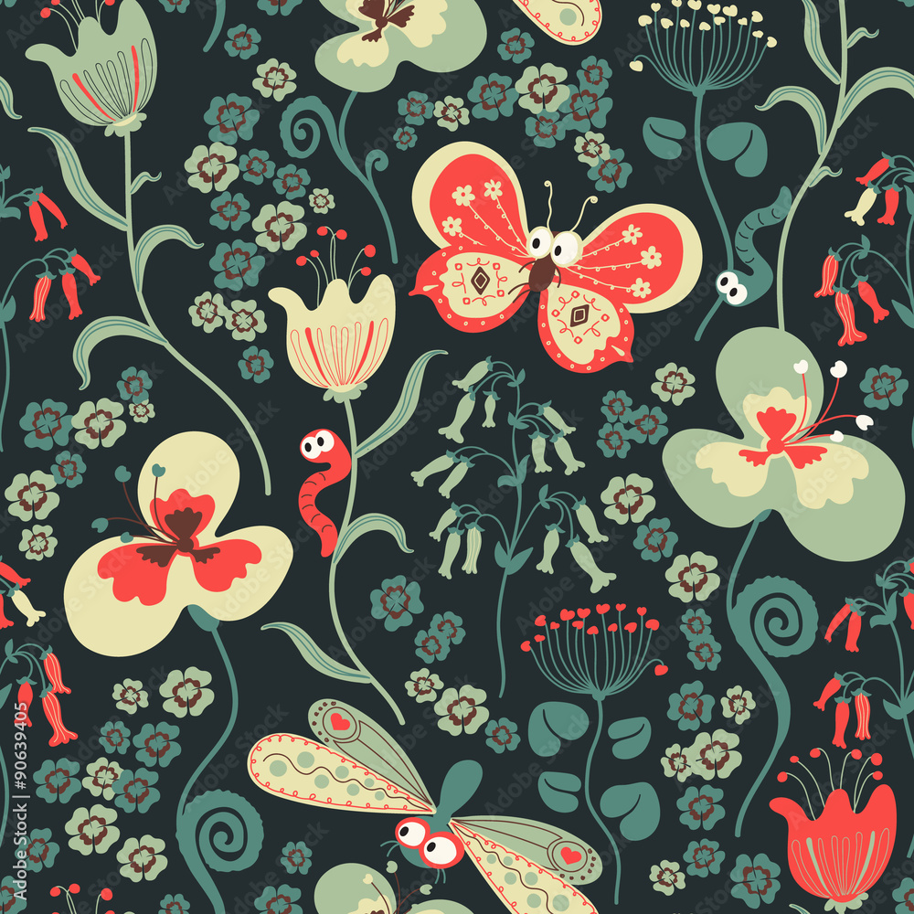 custom made wallpaper toronto digitalColorful seamless floral pattern with stylized butterfly and dragonfly.