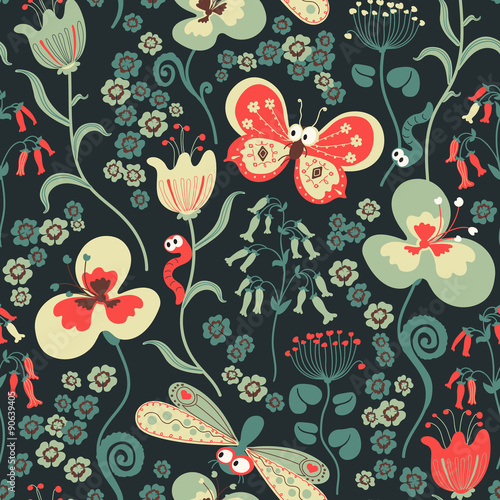 Wallpaper Mural Colorful seamless floral pattern with stylized butterfly and dragonfly. Torontodigital.ca