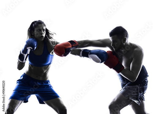 woman boxer boxing man kickboxing silhouette isolated