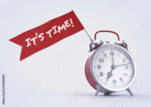 'It's Time!' Alarm Message. Old-fashioned alarm clock with a red banner and handwritten phrase on it. 3D rendered graphics on light background. © Sergey Tarasov