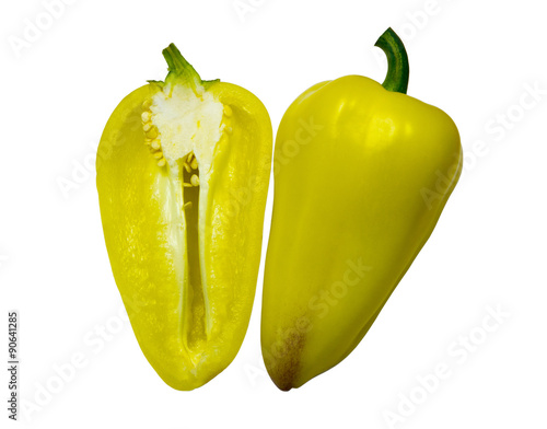 Yellow peppers isolated on a white background. Fresh vegetables. Macro. Closeup. Half of the pod, and another pod.