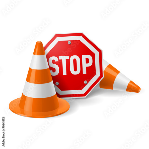 Traffic cones and red stop sign