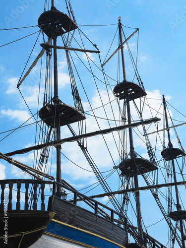 masts and rigging of a old sailing ship over blue sky