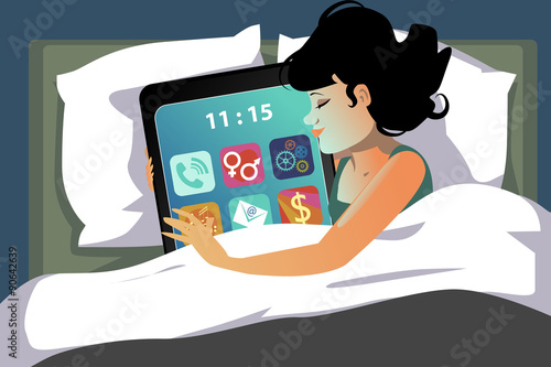 Young girl lying in bed hugging a giant smartphone, vector illustration, no transparencies, EPS 8
