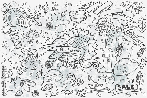 Big set of vector hand-drawn doodles objects and ellementov on autumn theme