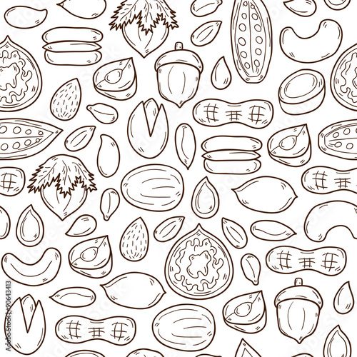 Sealess background with cartoon hand drawn objects on nuts theme