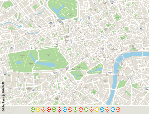 London Map and Navigation Icons. Map includes streets, parks, names of subdistricts, points of interests. photo