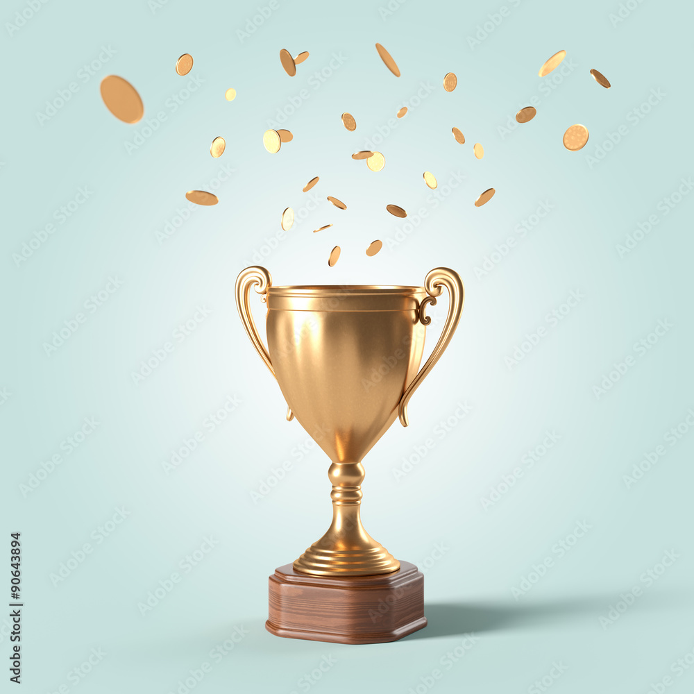 gold cup and rain of coins on an isolated background gold cup and rain of coins on an isolated background