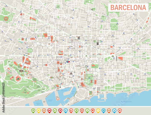 Barcelona Map and Navigation Icons. Highly detailed vector map of Barcelona. Map includes streets, parks, names of subdistricts, points of interests. 