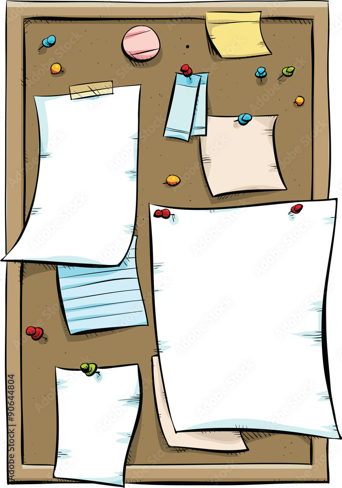 A cartoon bulletin board with blank sheets of paper pinned up. Stock