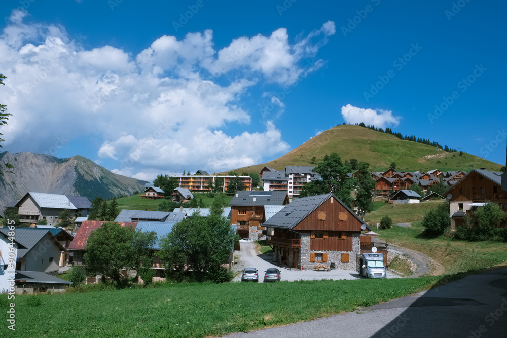 view of the mountain village Albiez Montrond near Col du Mollard in the french alps