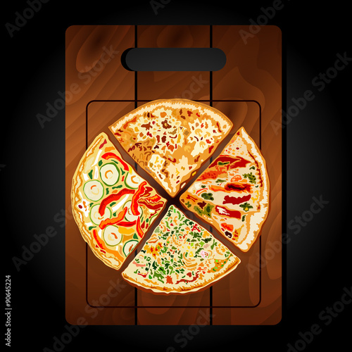 Pizza on the board on a black background