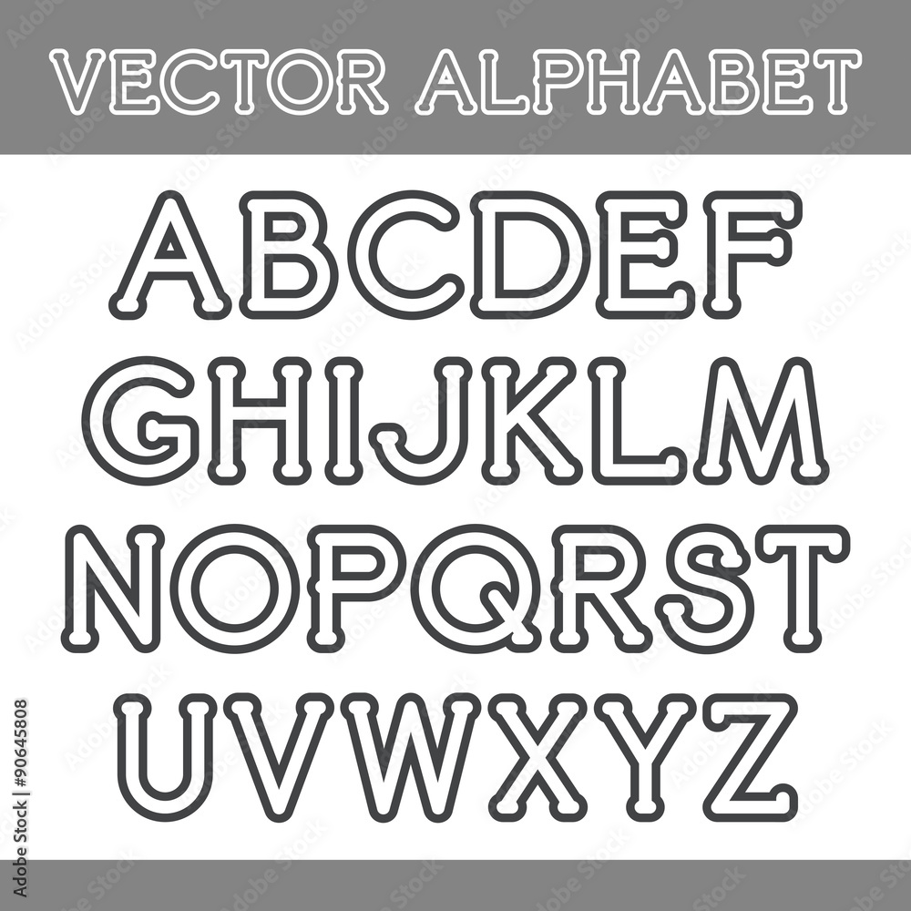 Serif font with rounded corners and contour. Letters on White background