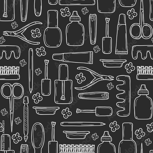 Seamless background with cute hand drawn objects on manicure
