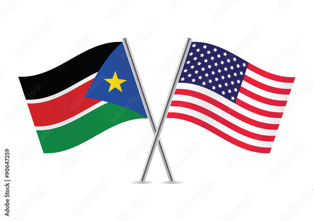 South Sudan and American flags. Vector illustration.