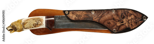 Hunting knife in scabbard with picture animals