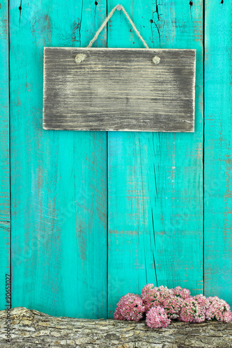 Blank rustic sign with log and floral border photo