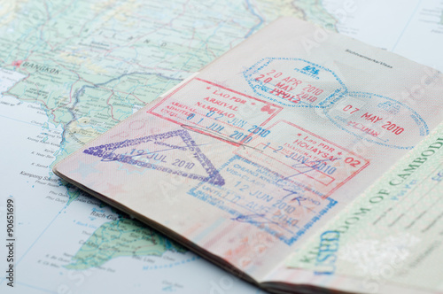 Macro of arrival stamps in passport