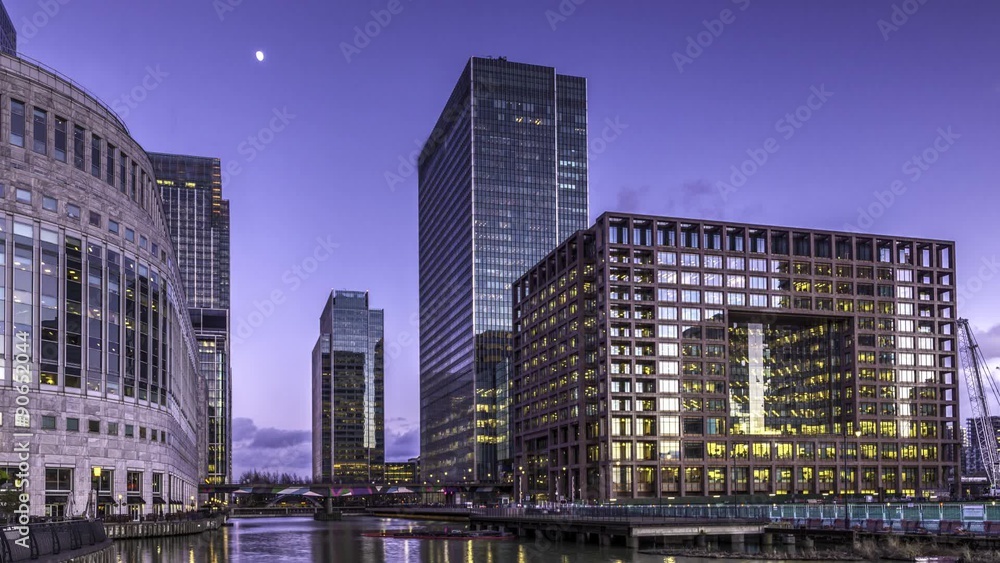 Time lapse of office buildings in Canary Wharf, London. Taken at dusk ...