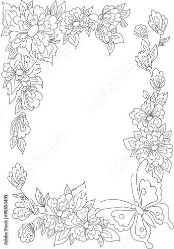 Botanical border with flowers and leaves