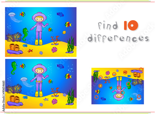 Cute cartoon scuba diver and fish under water. Seahorse, jellyfi