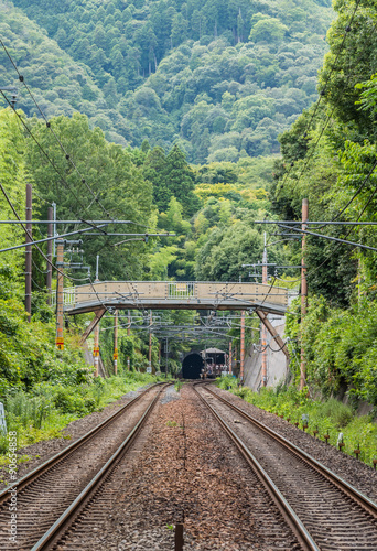 Railways in Arashiyama Japan passing through bamboo forest