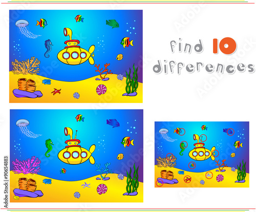 Submarine and fish under water. Seahorse, jellyfish, coral and s