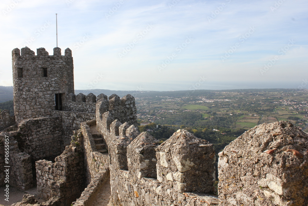 Ancient Moorish Castle in Sintra, view of the external perimeter and tower and valley landscape