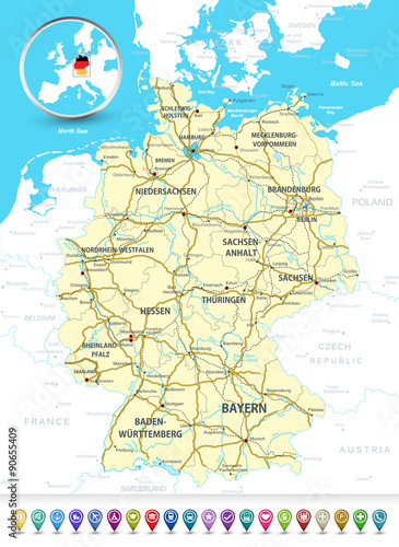 Detailed map of Germany with a 3D bubble GPS markers