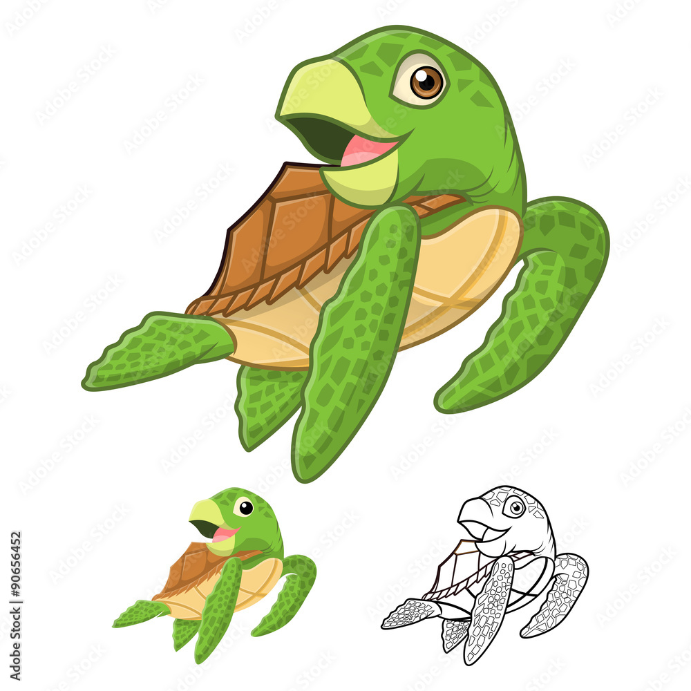 Fototapeta premium High Quality Sea Turtle Cartoon Character Include Flat Design and Line Art Version