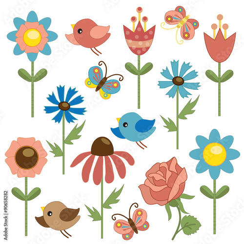 Flower, bird and butterfly vector illustration