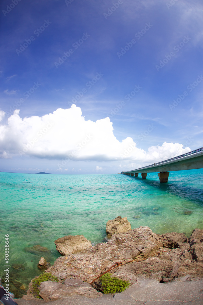 Ikema Bridge and Beautiful Sea with Coral Reef in Miyako Island, Okinawa, Japan 
