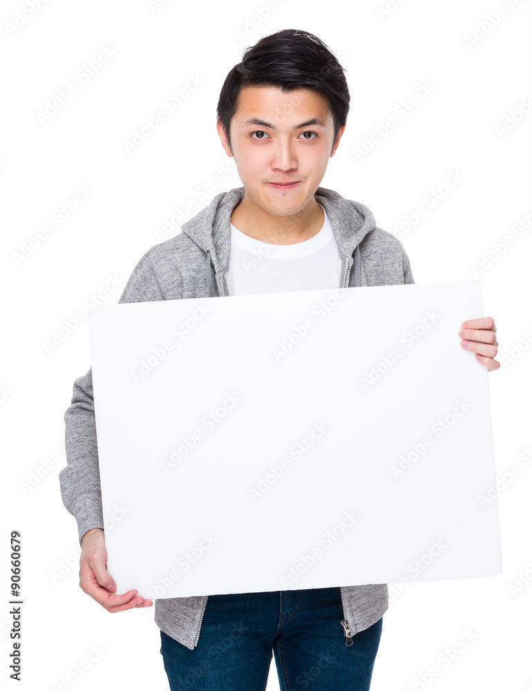 Young man show with white board Young man show with white board