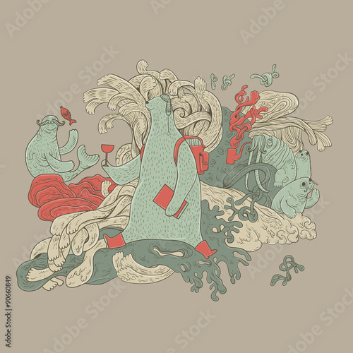 Vector graffiti style illustration of a monster polar bear on the ocean waves, Characters uniting to chaotic.