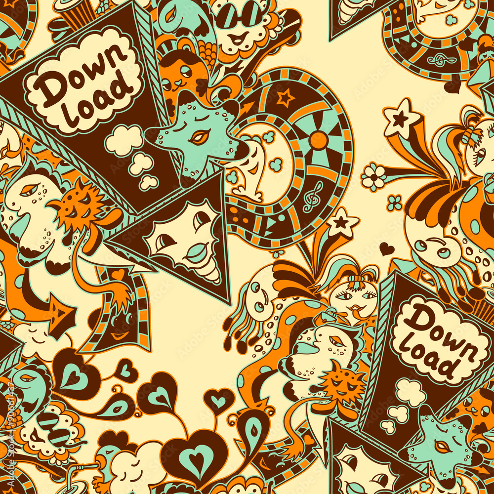 Seamless pattern with doodle monsters blue yellow brown