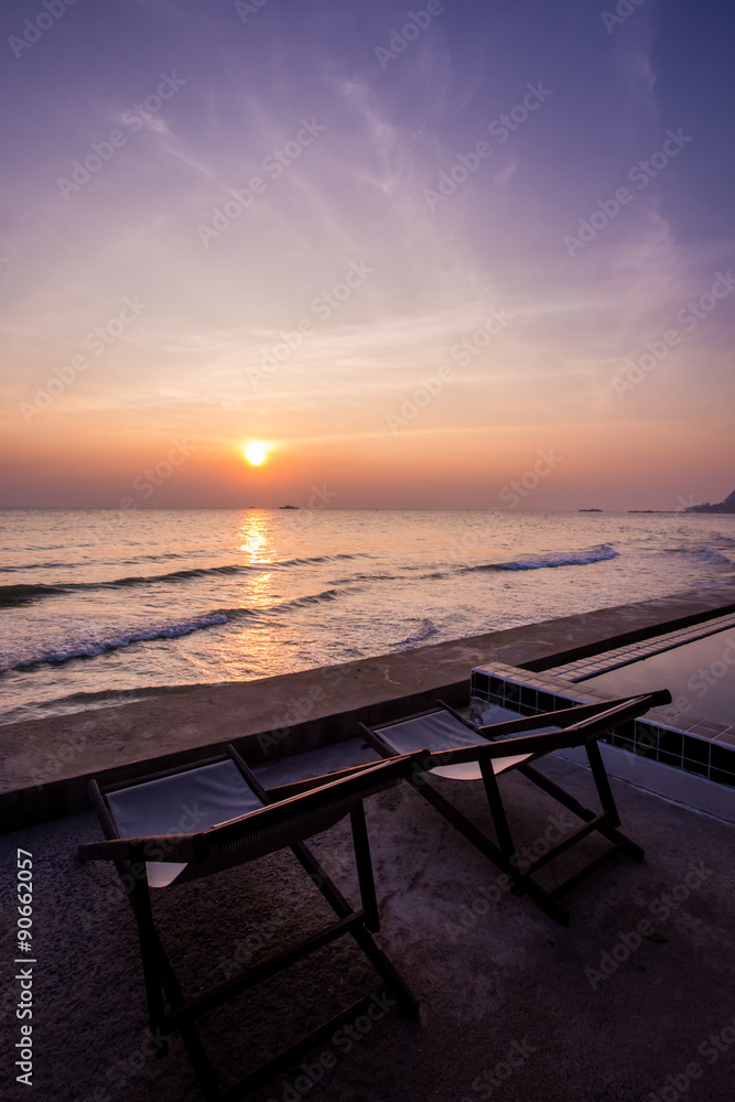 Canvas beach bed on the beach at twilight time. Canvas beach bed on the beach at twilight time.