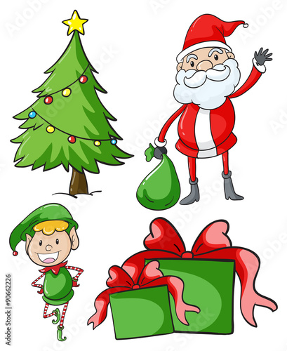 Santa and elf by the christmas tree