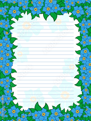Sheet of notepad with floral frame in blue hues