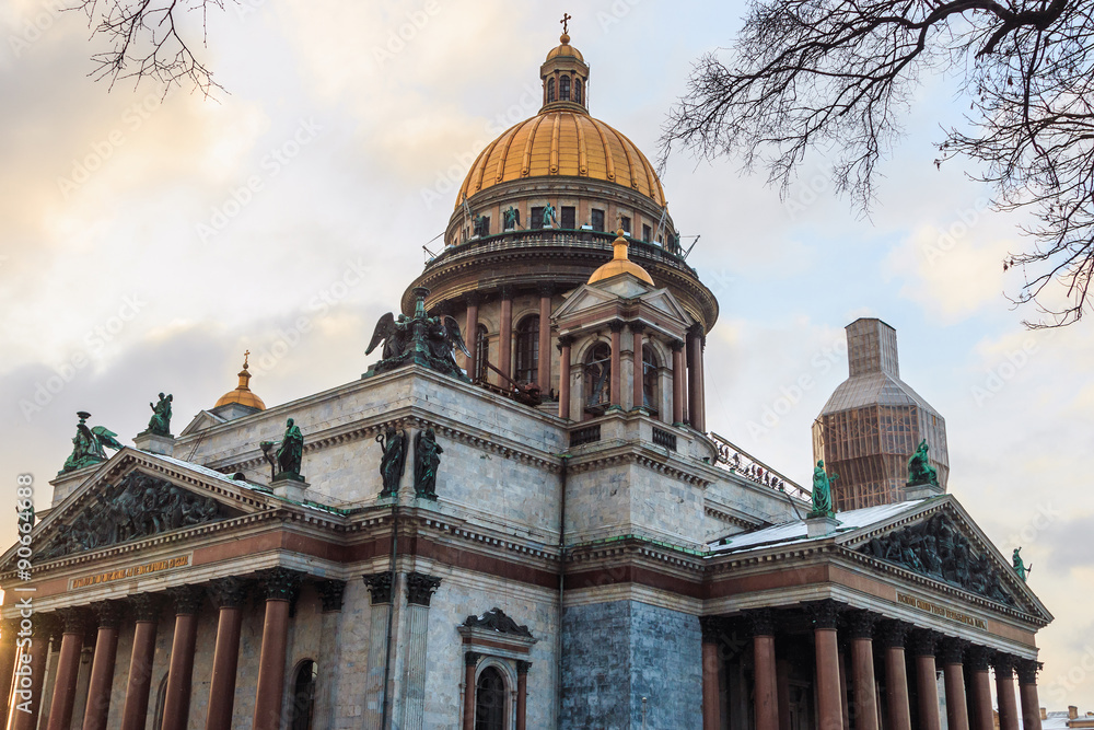 Dawn in the city, Saint Isaac cathedral in St Petersburg