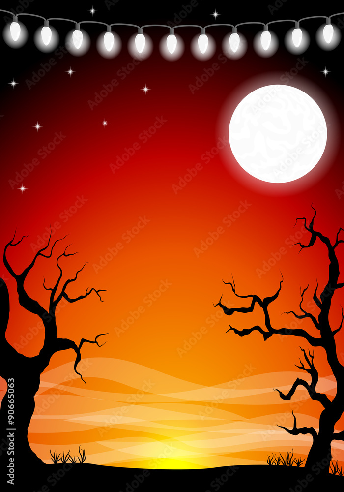 Halloween Landschaft mit Lichterkette und Vollmond als Hintergrund 